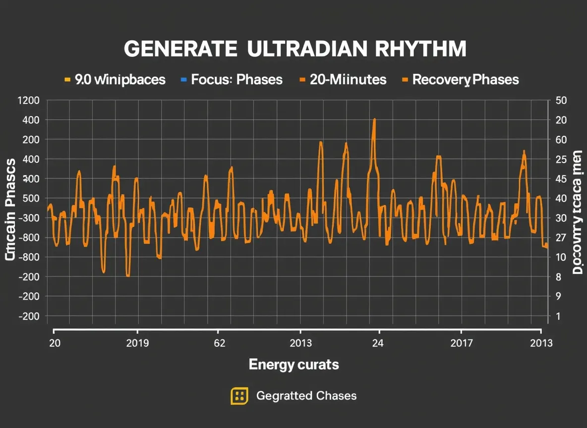 Visualization of ultradian rhythm showing alternating 90-minute focus phases and 20-minute recovery phases with energy level curves